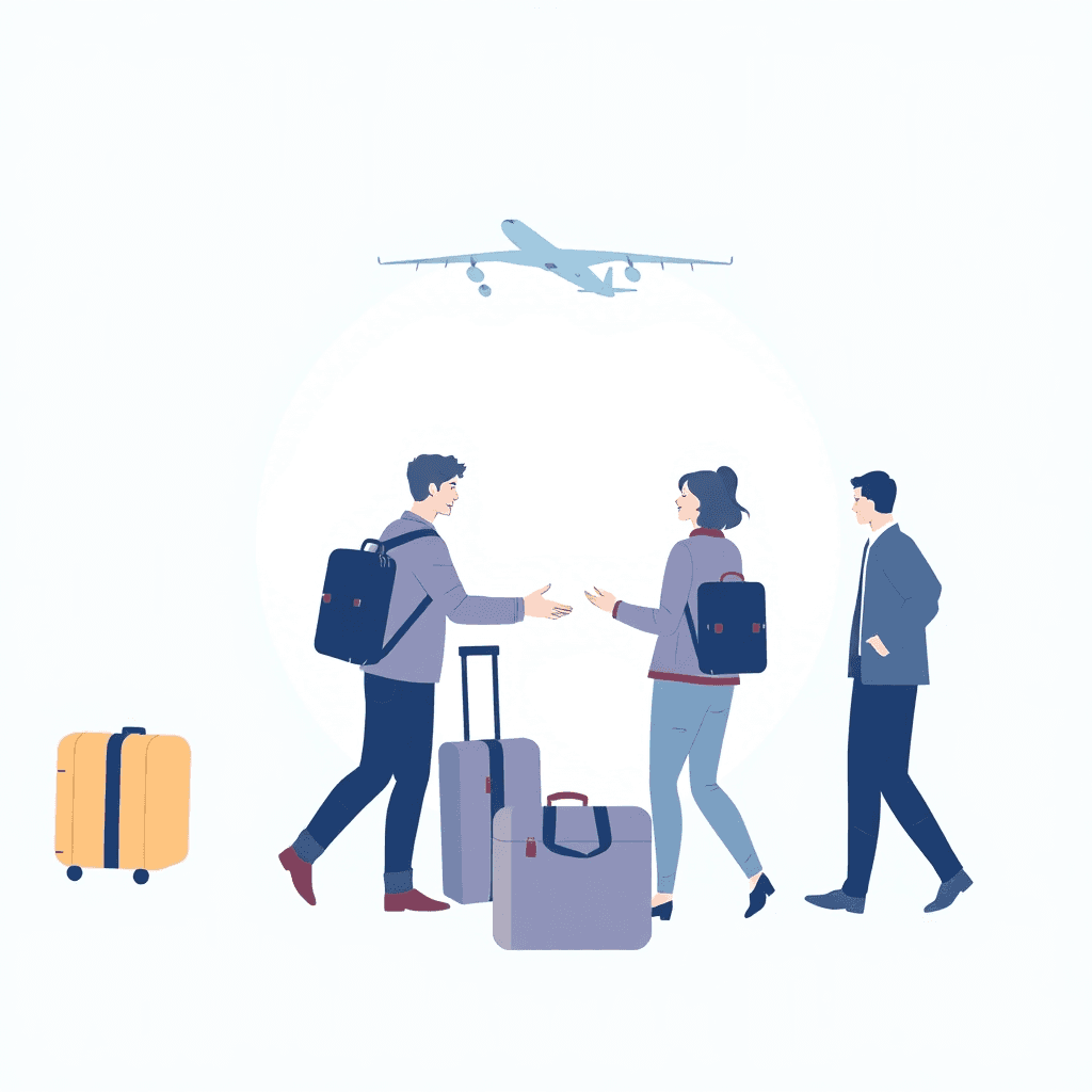 modern illustration of luggage and airplane with people exchanging baggage space, minimalist style, blue color scheme